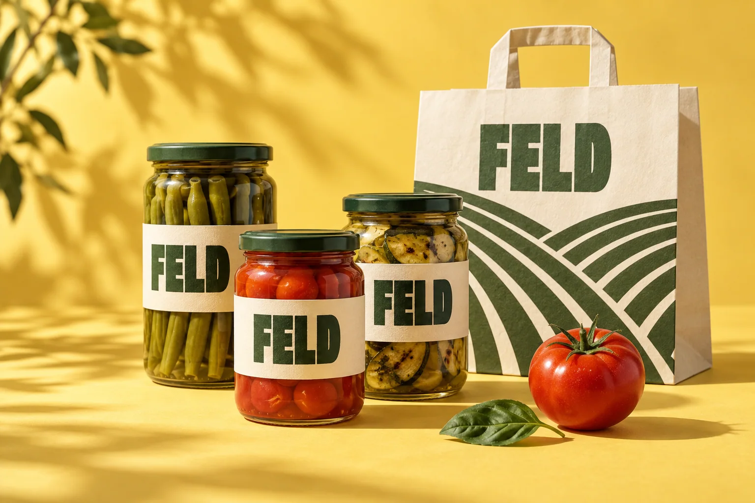 Fiktive Lebensmittelmarke FELD: grüne Etiketten, Gemüsegläser und eine Papiertüte auf gelbem Untergrund