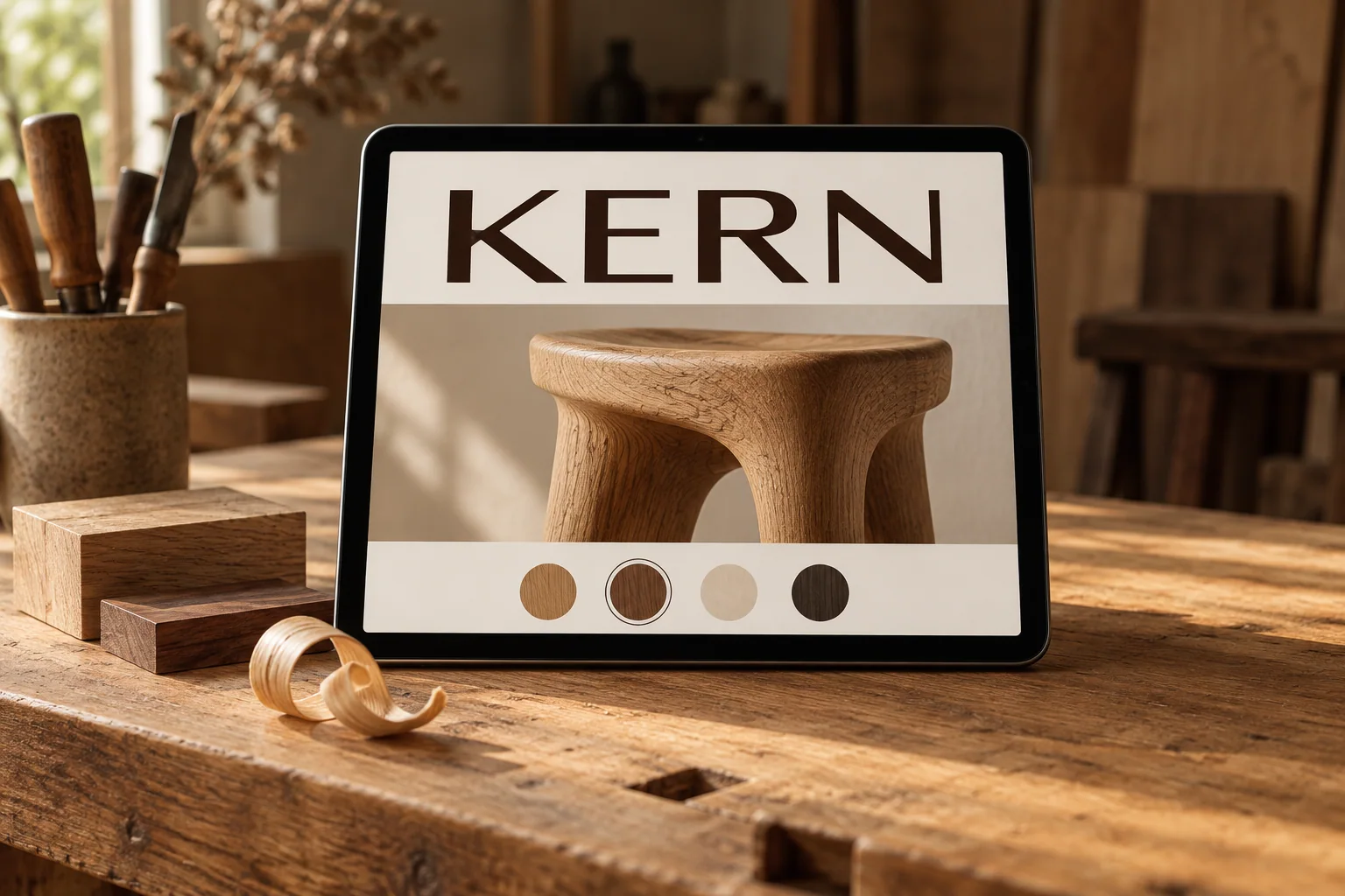 Fiktive Möbelwerkstatt KERN: Website-Konzept auf einem Tablet neben Holzmustern auf einer Werkbank
