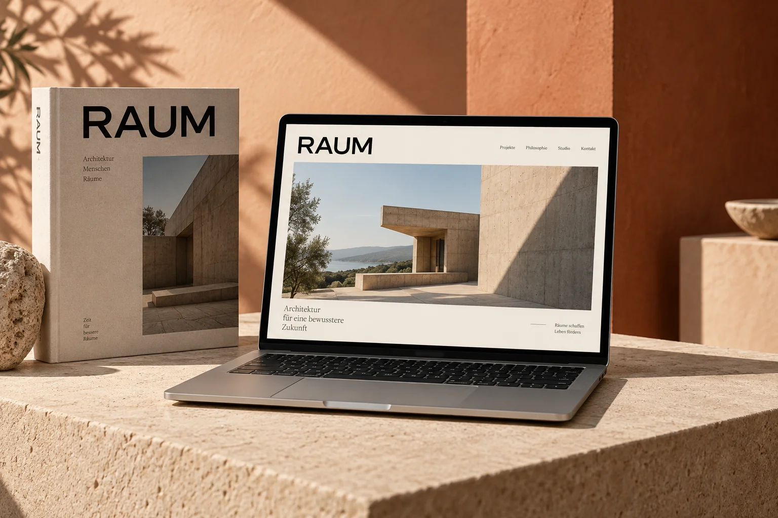 Konzeptvisualisierung: RAUM-Architekturwebsite auf einem Laptop neben einer gedruckten Projektpublikation