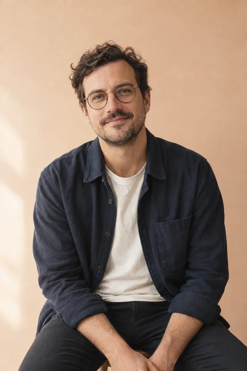 KI-generiertes Porträt für das fiktive Beispielprofil Jonas, mit Brille und dunkelblauem Overshirt